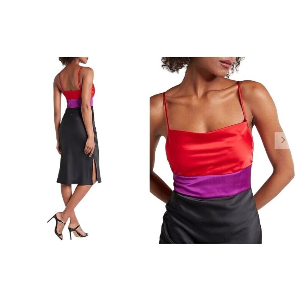 Express Satin Slip Dress Color Block Tier Midi Size XS  Holiday Party NWT $98 - Picture 3 of 10